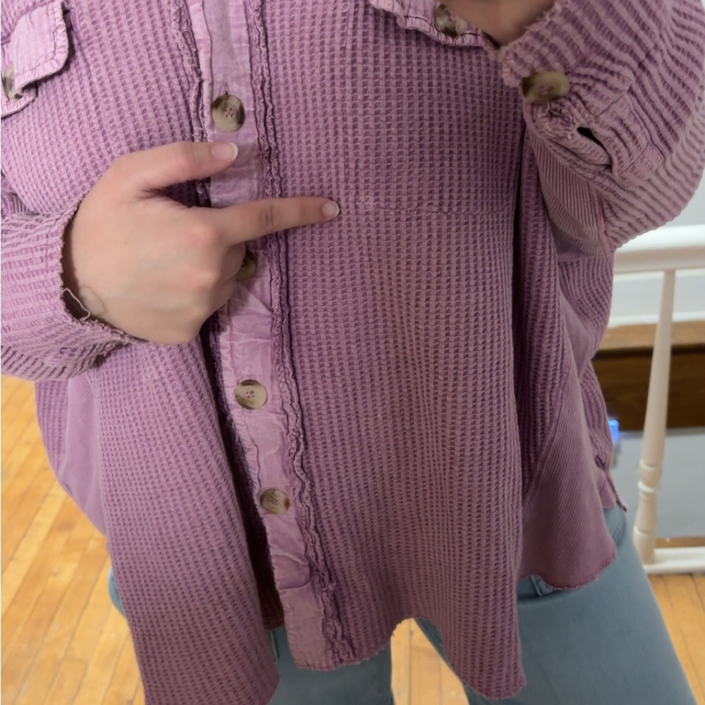 Pink Button-Up Waffle Knit Shirt - Picture 3 of 4